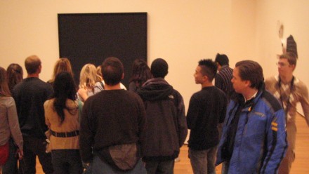 "Look at it for a long time, the painting is done in different kinds of black, first you will make out a geometric shape, then the painting will reveal itself to you."